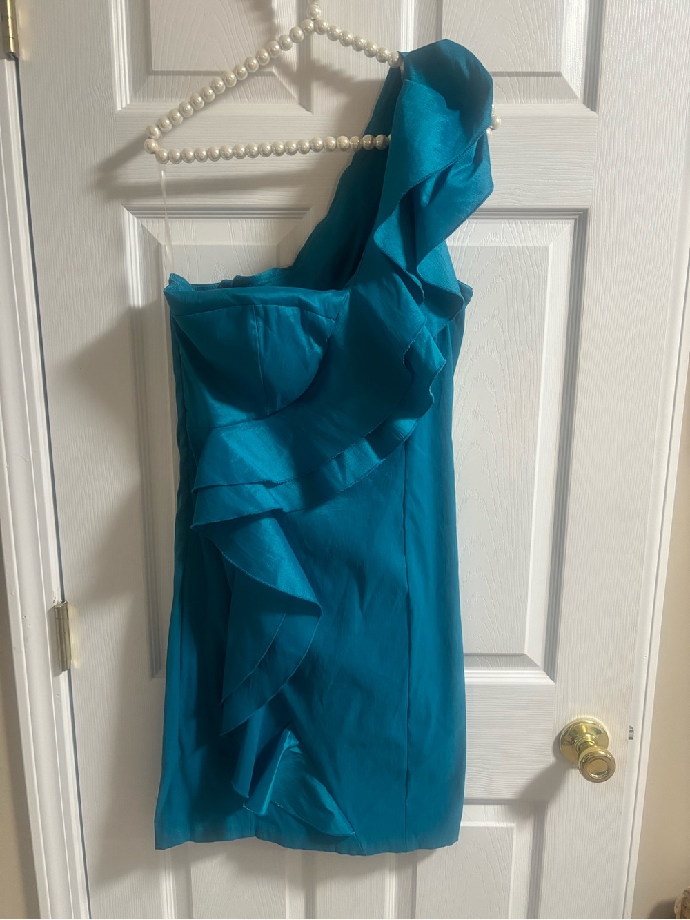 One-Shoulder Teal Ruffle Cocktail Dress